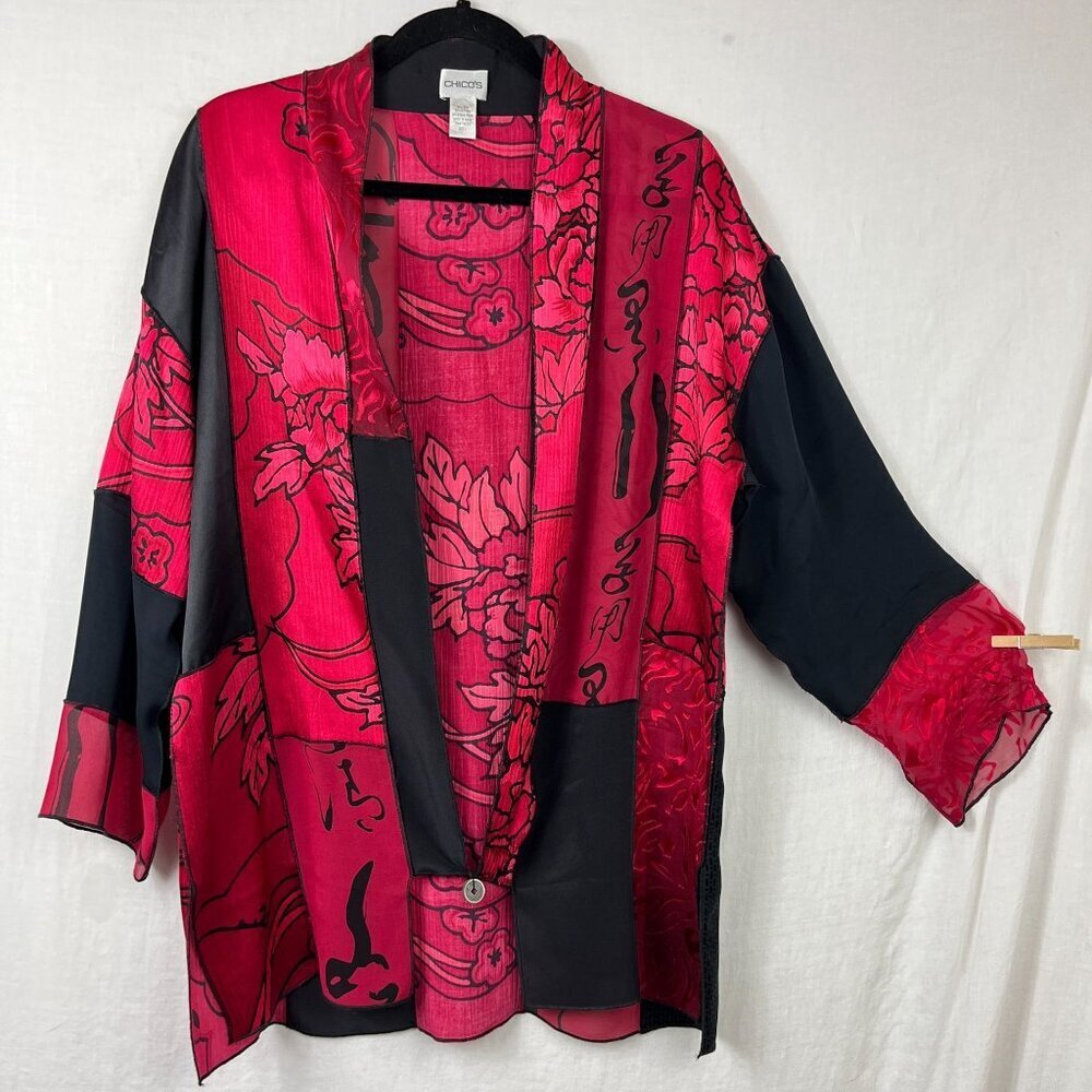 Chicos Silk Kimono Womens M‎ Mature Artsy Bohemian Gypsy Patchwork Professional